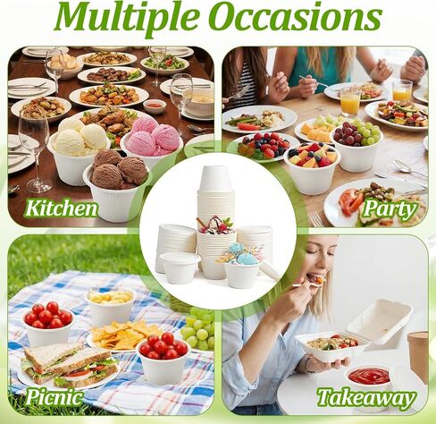 100 Sets 4 oz Paper Containers with Lids, Disposable Ice Cream Containers with Lids, White Bagasse Fiber Portion Cups for Sauces, Condiments, Desserts, Souffle, 2.95" Wide in Kuwait