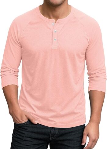 Mens Raglan 3/4 Sleeve Henley Shirt Summer Baseball Tee Lightweight Breathable Casual Retro Jersey Fashion Top in Kuwait