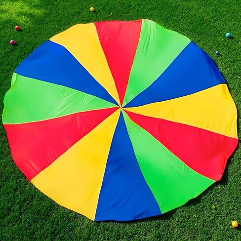 Play Parachute، 9.8 قدم / 300 سم، ألوان قوس قزح، للعب الجماعي وألعاب الحفلات، تصميم آمن بدون فتحة مركزية، نسيج بوليستر متين، قبضة سهلة للعمل الجماعي in Kuwait