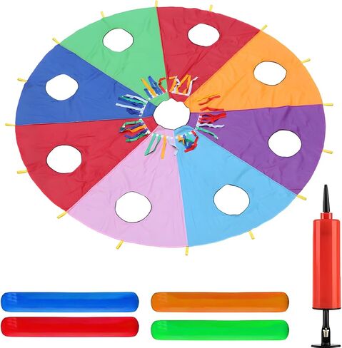 Play Parachute with 9 Holes, Rainbow Colors, 4 Air Rods & Inflator Included, Polyester Fabric, Whack A Mole Game, Interactive Toy for Youngsters, Indoor Outdoor Fun in Kuwait