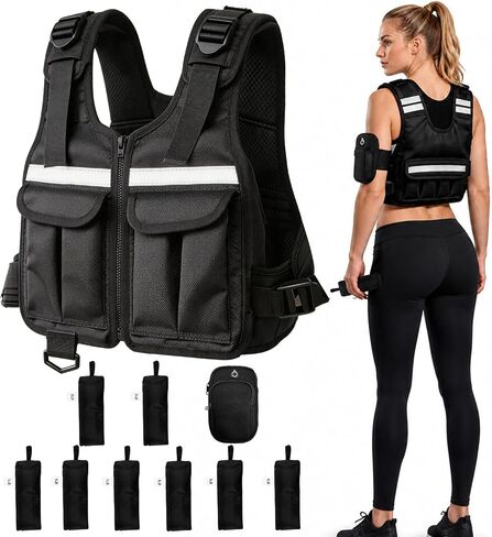 WHATAFIT Adjustable Weighted Vest, 2-12 lbs Washable with Armband Phone Pocket & Dog Leash Clip, Zip Rucking Vest for Women Men, Reflective for Walking Running HIIT Home Gym in Saudi Arabia