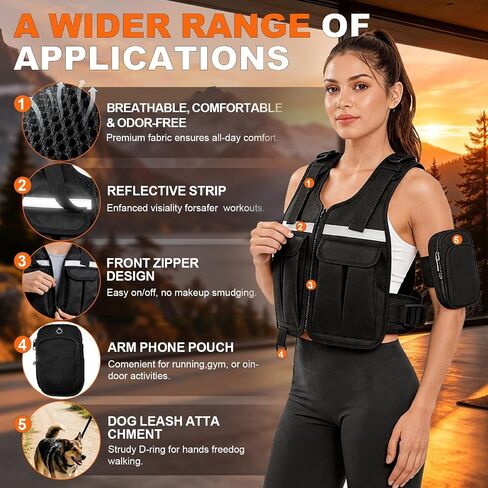 WHATAFIT Adjustable Weighted Vest, 2-12 lbs Washable with Armband Phone Pocket & Dog Leash Clip, Zip Rucking Vest for Women Men, Reflective for Walking Running HIIT Home Gym in Saudi Arabia
