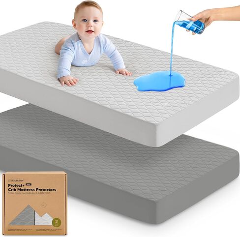 2pk Waterproof Crib Mattress Protector Cover Fitted 52x28 (Soft White/Mavy) | Soft Quilted Cotton Crib Mattress Pad Cover, Quiet Waterproof Crib Sheets, Machine Washable, Easy Fit, Durable Baby Sheets in Saudi Arabia