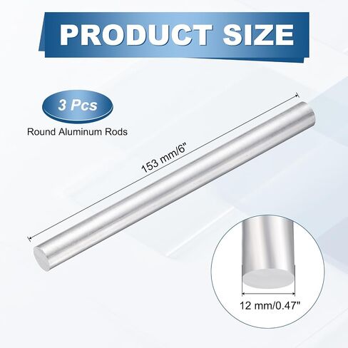 uxcell 3 Pcs 6061 T651 Aluminum Rod, 12mm/ 0.47" Diameter 153 mm/6" Length Solid Round Aluminum Bars, Extruded Lathe Bar Stock for Industrial DIY Craft, Silver Tone in Kuwait