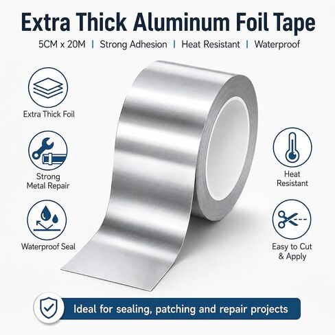 Extra Thick Aluminum Foil Tape, 5CM x 20M Heat Resistant Waterproof Adhesive Tape, Strong Metal Repair and Sealing Tape for Kitchen, Air Duct, Vent, Pipe, Insulation and DIY Projects in Kuwait