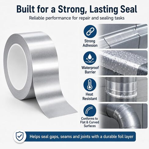 Extra Thick Aluminum Foil Tape, 5CM x 20M Heat Resistant Waterproof Adhesive Tape, Strong Metal Repair and Sealing Tape for Kitchen, Air Duct, Vent, Pipe, Insulation and DIY Projects in Kuwait