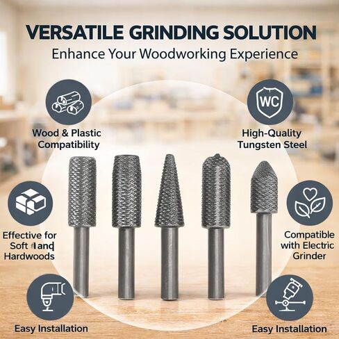 Die Grinder Bits Tungsten Steel Alloy 5Pcs 6mm Shank Rotary Rasp Files Set - High Wear Resistance, Fast Grinding Speed, Ideal for Woodworking and Deburring in Kuwait