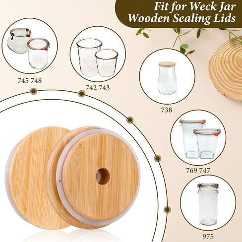 2 عبوة من أغطية برطمانات Weck مقاس 100 مم من الخيزران مع القش، جرة زجاجية من توليب، غطاء خشبي مع فتحة قش سيليكون محكمة الغلق، كبيرة قابلة لإعادة الاستخدام تناسب نماذج جرة Weck 745 742 743 738 769 975 748 747 in Kuwait