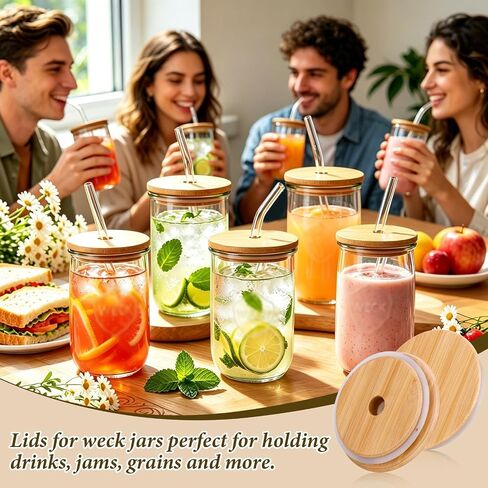 2 عبوة من أغطية برطمانات Weck مقاس 100 مم من الخيزران مع القش، جرة زجاجية من توليب، غطاء خشبي مع فتحة قش سيليكون محكمة الغلق، كبيرة قابلة لإعادة الاستخدام تناسب نماذج جرة Weck 745 742 743 738 769 975 748 747 in Kuwait