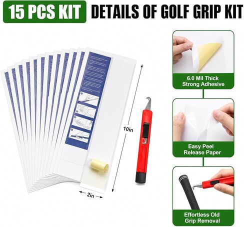 Golf Regripping Kit, 15 PCS 2" x 10" Double Sided Adhesive Strips with Hook Blade, Tape for Clubs, Fits All Standard Clubs in Kuwait