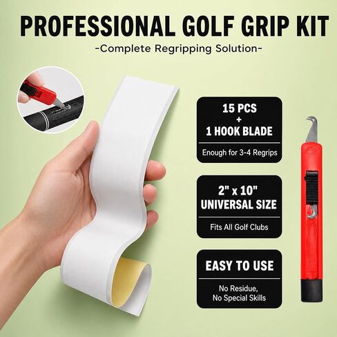 Golf Regripping Kit, 15 PCS 2" x 10" Double Sided Adhesive Strips with Hook Blade, Tape for Clubs, Fits All Standard Clubs in Kuwait