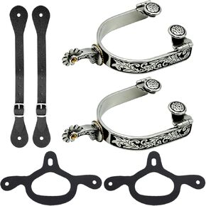 1 Set Spurs for Cowboy Boots, Western Cowboy Spur with 6 Holes Spurs Belt & Rubber Tie-Down Straps, Stainless Steel Horse Spurs Rotatable Gear Retro Fine Workmanship for Men Equestrian Training Riding in Saudi Arabia