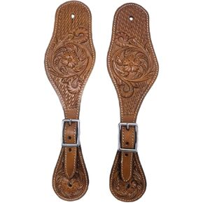 Leather Western Spur Straps for Cowboy Boots Adjustable Hand Tooled with Floral Design Fitting Riding Accessories (Brown, Pair) in Kuwait