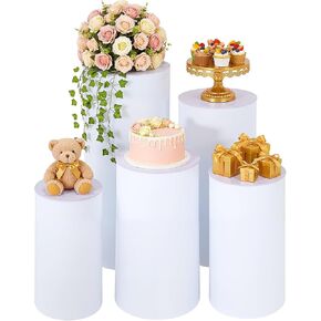 5PCS Cylinder Pedestal Stands for Parties, White PVC Cake Stand Round Cylinder Stands Pedestal Display Plinth Pillars Dessert Table Pedestal for Wedding Birthday Party & Dessert (White, 5PCS) in Kuwait