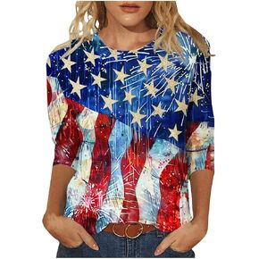 4th of July Women's Shirts 3/4 Length Sleeve Womens Tops Summer American Flag Clothing Cute Patriotic T Shirt in Kuwait