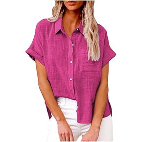 Cotton Linen V Neck Button Tops Women Short Sleeve Solid Shirts Summer Slim Fit Tops Dressy Casual Tops for Trendy in Kuwait