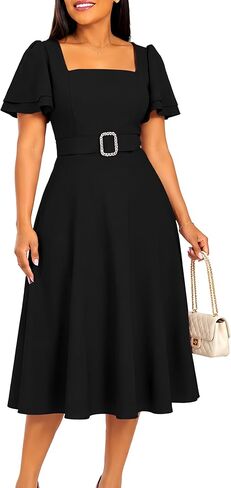 Midi Church Dress for Women Square Neck Short Sleeve Dresses Corset Waist with Ruffle Hem Skirts in Saudi Arabia