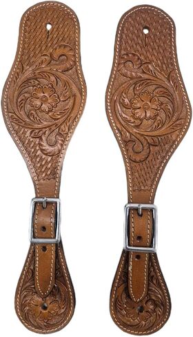 Leather Western Spur Straps for Cowboy Boots Adjustable Hand Tooled with Floral Design Fitting Riding Accessories (Brown, Pair) in Kuwait