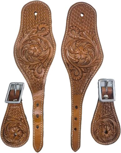 Leather Western Spur Straps for Cowboy Boots Adjustable Hand Tooled with Floral Design Fitting Riding Accessories (Brown, Pair) in Kuwait