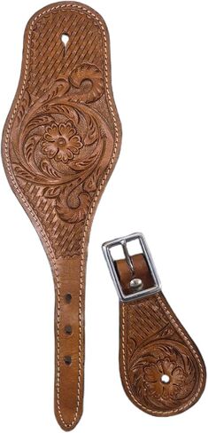 Leather Western Spur Straps for Cowboy Boots Adjustable Hand Tooled with Floral Design Fitting Riding Accessories (Brown, Pair) in Kuwait