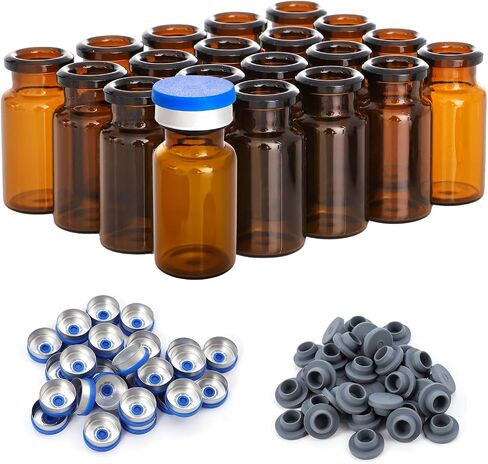 FOUR E'S SCIENTIFIC 10ml Glass Vials, 100 PCS Amber Lab Headspace Vial with Rubber Stoppers and Plastic-Aluminum Flip Caps in Kuwait