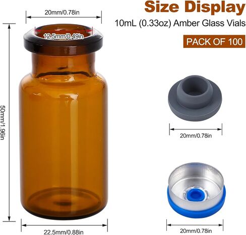 FOUR E'S SCIENTIFIC 10ml Glass Vials, 100 PCS Amber Lab Headspace Vial with Rubber Stoppers and Plastic-Aluminum Flip Caps in Kuwait