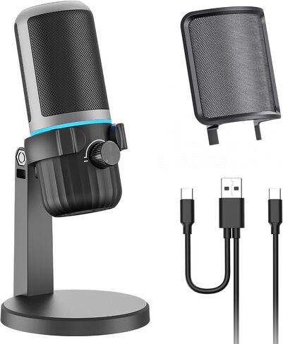 ميكروفون ألعاب مكثف USB ، ميكروفون الكمبيوتر الشخصي للبث ، والبودكاست ، والتسجيل ، وميكروفون كمبيوتر سطح المكتب مع زر كتم ومؤشر LED ، والتحكم في مستوى الصوت ، ومقبس سماعة الرأس in Kuwait
