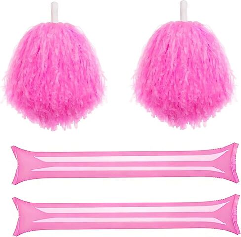 ZYBenda Pink Cheerleading Pom Poms and Thunder Sticks, Cheer Pom Poms with Baton Handle, Cheerleader Pom Poms for Cheering Sports Party Games Dance Performance Team Spirit (40g) in Kuwait