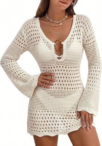 Beach Cover Ups for Women Knit Crochet Swimwear Sexy Deep V Neck Bikini Mesh Hollow Out Dress Summer Vacation Outfits in Saudi Arabia