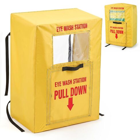Emergency Eye Wash Station Cover, 20.5 x 28 in, Waterproof Dustproof Yellow Oxford Cloth Safety Cover with Clear Window and Pull Down Handle for Factory Lab Workshop in Kuwait