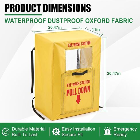 Emergency Eye Wash Station Cover, 20.5 x 28 in, Waterproof Dustproof Yellow Oxford Cloth Safety Cover with Clear Window and Pull Down Handle for Factory Lab Workshop in Kuwait