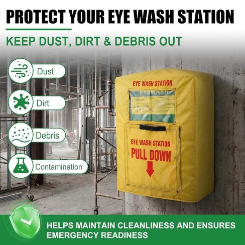 Emergency Eye Wash Station Cover, 20.5 x 28 in, Waterproof Dustproof Yellow Oxford Cloth Safety Cover with Clear Window and Pull Down Handle for Factory Lab Workshop in Kuwait
