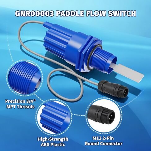 GNR00003 Paddle Flow Switch Replacement, Compatible with Saltron Reliant and Solaxx Saltwater Chlorine Generators, M12 2-Pin Round Connector, 3/4" MPT Threaded Flow Sensor, Blue in Kuwait