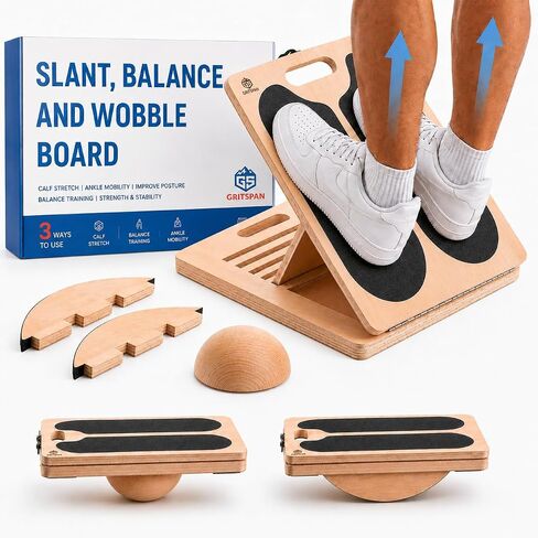 Slant Board for Exercise, 3-in-1 Wooden Calf Stretcher, Rocker Balance Board and 360° Wobble Board, 5 Adjustable Angles, Anti-Slip Surface, Training Poster Included in Kuwait
