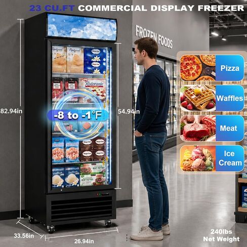 23 Cu.Ft Commercial Display Freezer with Glass Door, 27" Single Door Upright Merchandiser Freezer with LED Lighting, Adjustable Shelves and Lighted Canopy for Store, Grocery Store, Market in Kuwait