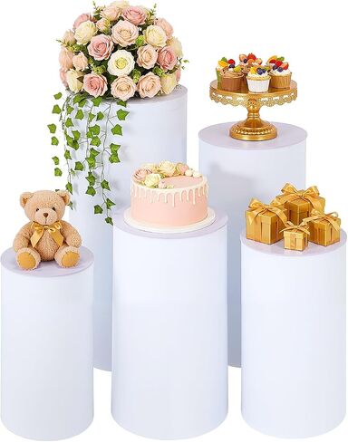 5PCS Cylinder Pedestal Stands for Parties, White PVC Cake Stand Round Cylinder Stands Pedestal Display Plinth Pillars Dessert Table Pedestal for Wedding Birthday Party & Dessert (White, 5PCS) in Kuwait
