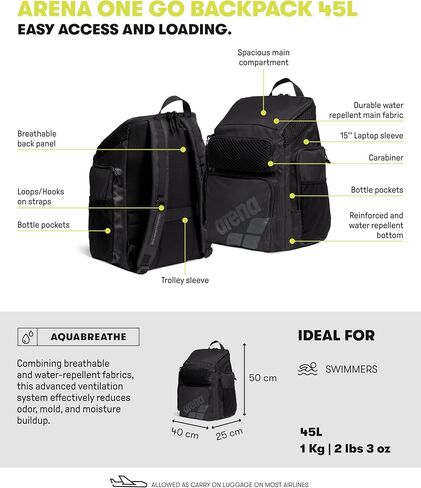 Arena One Go Backpack Swimmers Athletes Sports Gym Rucksack Multisport Daypack Large Size Training Gear Equipment Swim Bag for Men and Women, 45 Liters, Arena Lemons in Kuwait