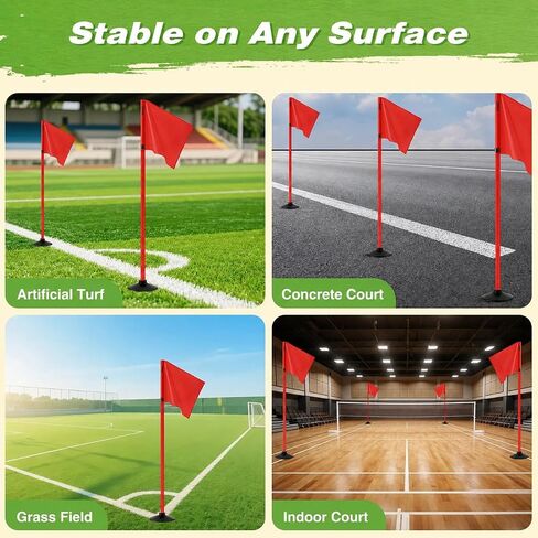 Soccer Corner Flags with Weighted 2.7 LB Rubber Base, 4 Red Corner Flags with Red Poles for Soccer Field, Adjustable Height for Grass, Turf, Concrete & Indoor Court, Carry Bag Included in Saudi Arabia