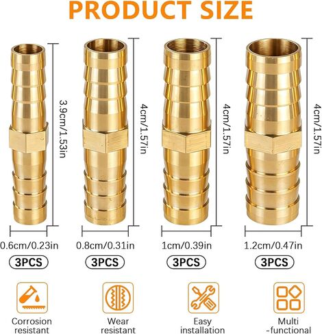 12PCS Brass Hose Barb Fitting, 1/4" 5/16" 3/8" 1/2" (6 mm/8 mm/10 mm/12 mm) Barb Splicer Mender Hose Fittings for Water Air Fuel Line Connector Brass Hoses Barbs Adapter in Kuwait