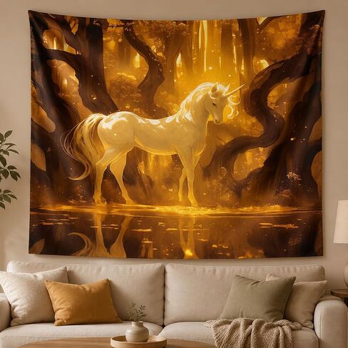 Xolytar Enchanted Golden Forest Unicorn Tapestry for Reading Nook – Mystical Fantasy Animal Wall Art, Glowing Yellow Woods Wall Hanging for Teen Girls Bedroom, Fairy Tale Decor (60x50) in Saudi Arabia