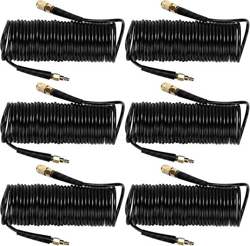 Flutesan 6 Pack 1/4 in x 25 ft Polyurethane Recoil Air Hose,Orange | Air Compressor Hose, Flexible Coil Line, with Bend Restrictor, Industrial Quick Coupler and Plug, Household Garage Station in Saudi Arabia