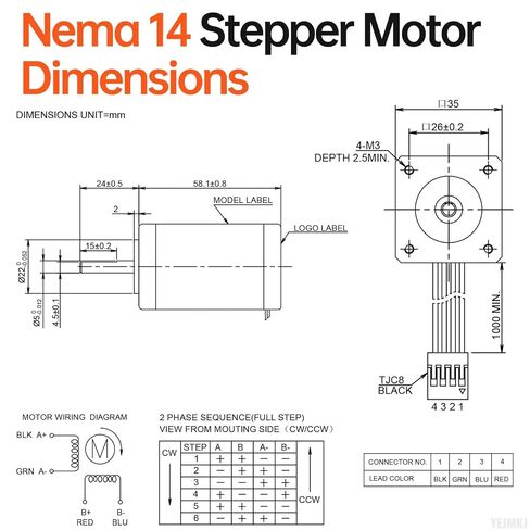 Nema 14 Stepper Motor 35x59mm 41Ncm (58.06oz·in) 1.2A 3.5Ω Bipolar | 35 Stepper Motor 1.8‌°‌ 2 Phase High Torque Shaft 24mm φ5mm 4-Wire Cable 1M for 3D Printer DIY Robot CNC Machine in Kuwait