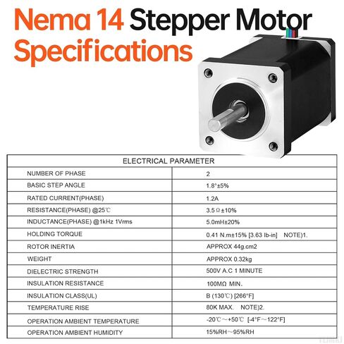 Nema 14 Stepper Motor 35x59mm 41Ncm (58.06oz·in) 1.2A 3.5Ω Bipolar | 35 Stepper Motor 1.8‌°‌ 2 Phase High Torque Shaft 24mm φ5mm 4-Wire Cable 1M for 3D Printer DIY Robot CNC Machine in Kuwait