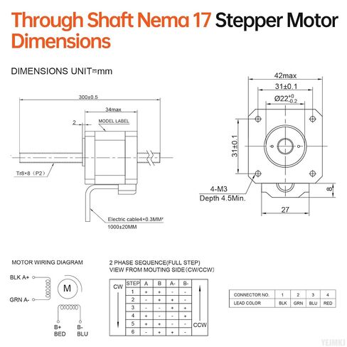 Through Shaft Nema 17 Stepper Motor TR8x8 300mm 42x34mm 0.3Nm 1.5A | 42 Step Motor 42.48oz·in 1.8°‌ 2.7Ω Bipolar 2 Phase High Torque T8 300mm 4-Lead Cable 1M for 3D Printer DIY Robot CNC in Kuwait