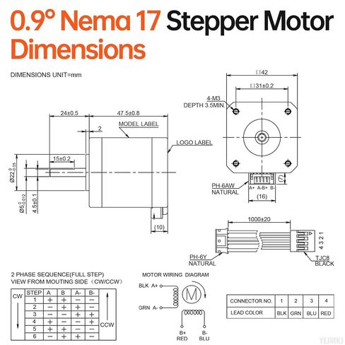 0.9° Nema 17 Stepper Motor 42x48mm 42Ncm (59.48oz·in) 1.3A 2.5Ω | 42 Stepper Motor Bipolar High Torque 2 Phase Shaft 24mm φ5mm 4-Wire Cable 1M for 3D Printer DIY Robot CNC Machine in Kuwait