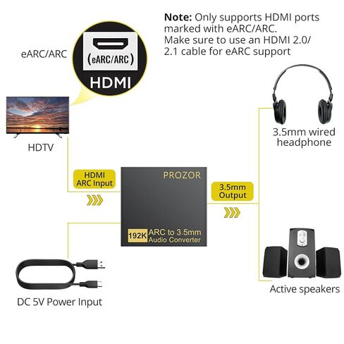 مستخرج صوت PROZOR eARC/ARC للتلفزيون، 192 كيلو هرتز HDMI ARC إلى RCA و3.5 مم محول صوت قابل للتعديل (يدعم CEC)، لأنظمة HDTV ARC/eARC إلى سماعات الرأس L/R in Kuwait