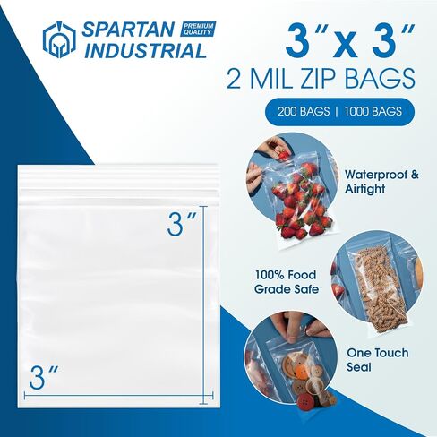 Spartan Industrial - 3 × 3 بوصة (1000 قطعة) أكياس بولي بلاستيكية شفافة بسحاب قابلة لإعادة الإغلاق مع سحاب قفل قابل للإغلاق in Kuwait