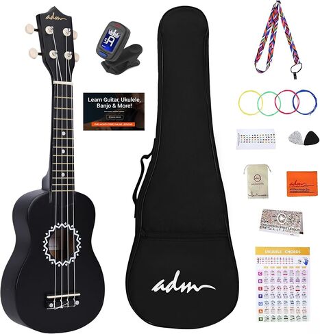 مجموعة ADM Soprano Ukulele للأطفال والمبتدئين، مجموعة أدوات القيثارة للمبتدئين مع حقيبة، موالف مشبك، أوتار قوس قزح، حزام ملون، ريشة، ملصق لوحة الأصابع، بطاقة وتر، أسود in Kuwait