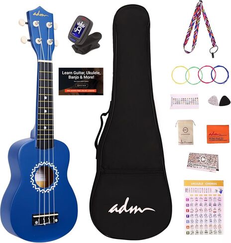 ADM Soprano Ukulele Set for Kids and Beginners, Ukulele Starter Kit with Bag, Clip-On Tuner, Rainbow Strings, Colourful Strap, Plectrum, Fingerboard Sticker, Chord Card,Black in Saudi Arabia