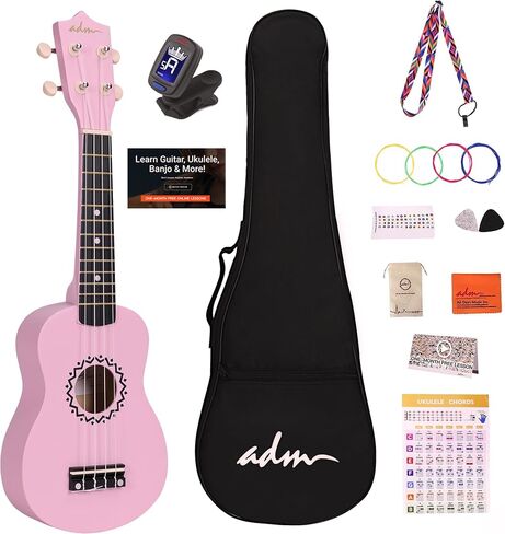 ADM Soprano Ukulele Set for Kids and Beginners, Ukulele Starter Kit with Bag, Clip-On Tuner, Rainbow Strings, Colourful Strap, Plectrum, Fingerboard Sticker, Chord Card,Black in Saudi Arabia